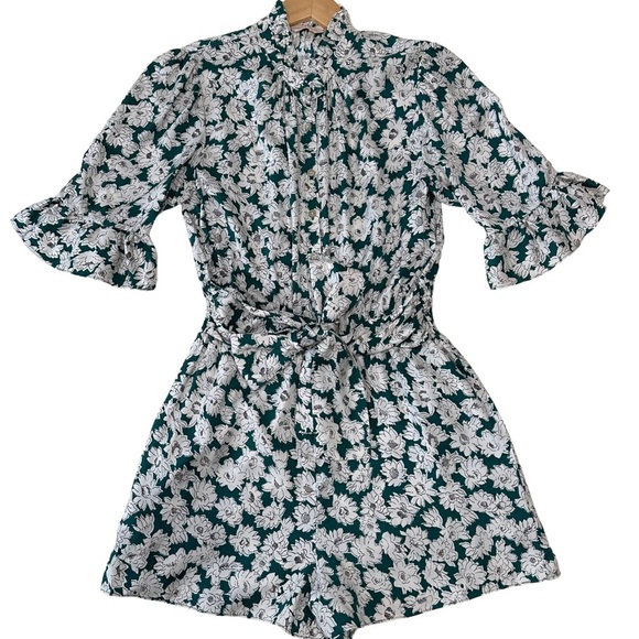 REBECCA TAYLOR Serene Floral Print Romper Elbow Sleeve SZ 4 Green White NWOT - Picture 1 of 10